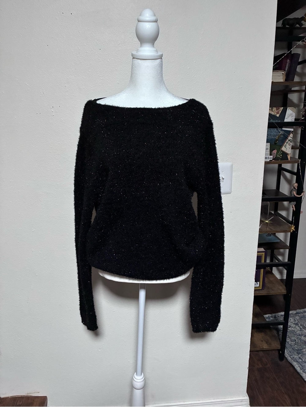 Worthington Black Off-the-Shoulder Fuzzy Sweater